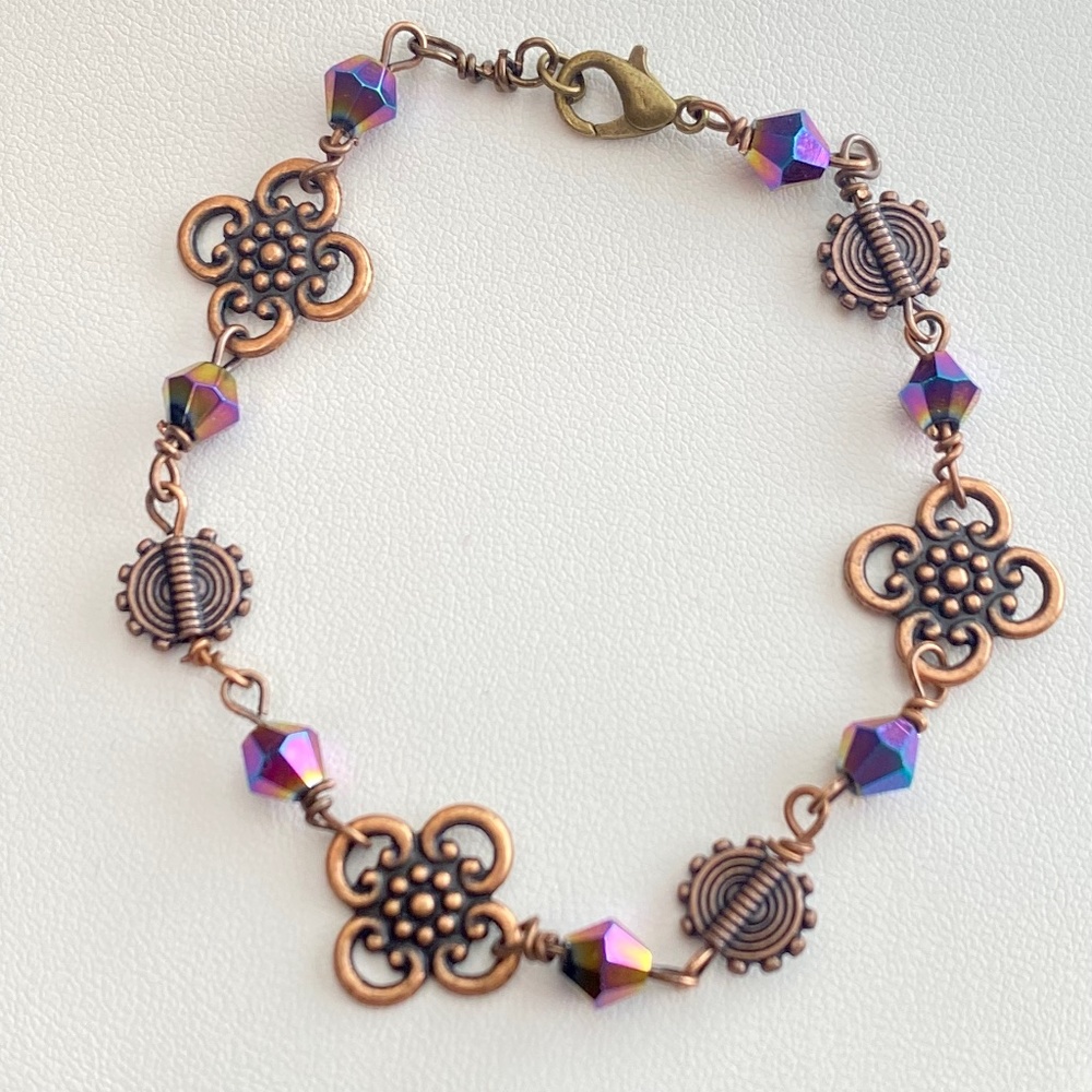 Copper Tone Wire Wrapped Metal Flower Bracelet with AB Sparkling Beads